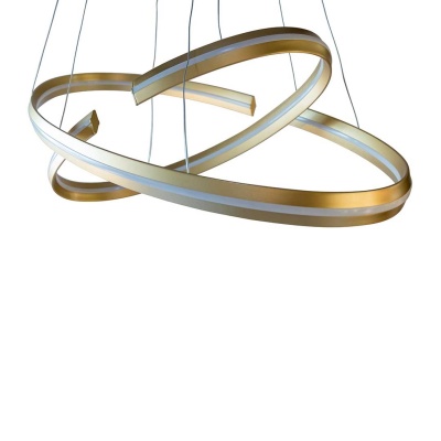 Luminária suspensa dourada com luz branca em formato moderno e orgânico