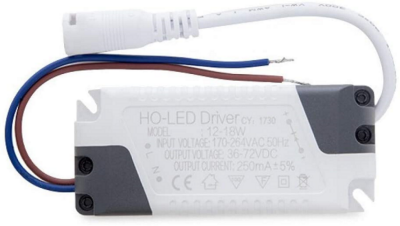 Driver HO-LED retangular branco para iluminação LED com fios e especificações técnicas impressas
