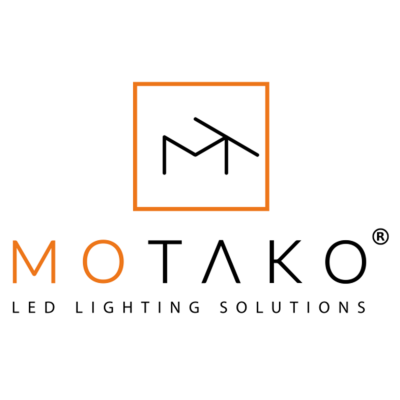 Logótipo MOTAKO LED LIGHTING SOLUTIONS com design abstrato e cores laranja e preta