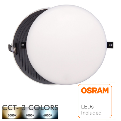 Luminária de teto redonda branca com base preta e indicação de 3 temperaturas de cor CCT, etiqueta OSRAM LEDs Included