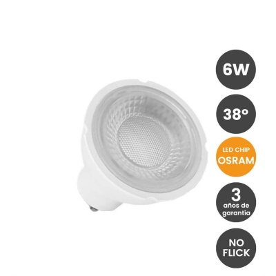 Lâmpada LED branca GU10 com especificações 6W, 38°, LED CHIP OSRAM, 3 anos de garantia e NO FLICK