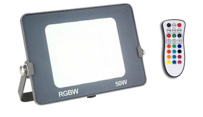 Projetor LED cinzento escuro com lente branca e comando remoto colorido