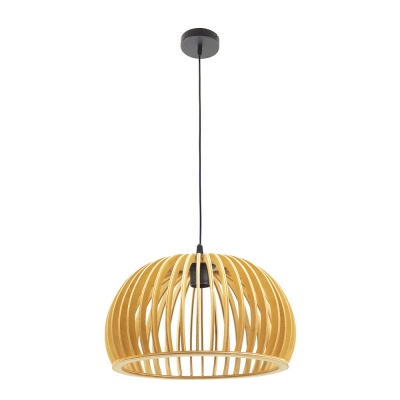 Candeeiro de teto pendente com estrutura de lâminas curvas em tom madeira clara