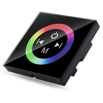 Painel de controlo tátil preto com anel de cores RGB e botões de controlo