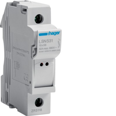 Disjuntor Hager LSN 531 branco para proteção elétrica com texto e números visíveis.