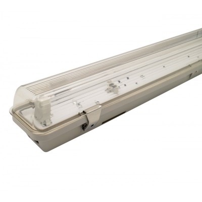 Luminária industrial branca com capa transparente e fecho metálico