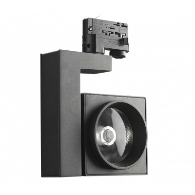 Refletor LED preto com lente circular e estrutura quadrada