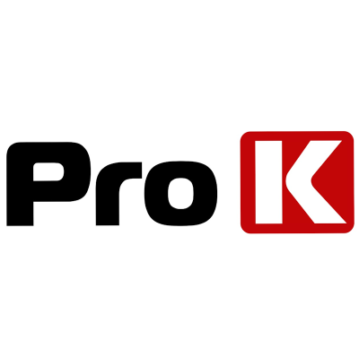 Logótipo da marca ProK com texto Pro em preto e letra K em branco sobre fundo vermelho