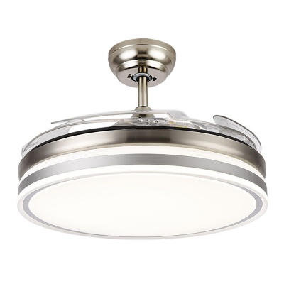 Ventoinha de teto luminária metálica prateada com lâminas transparentes e luz LED circular