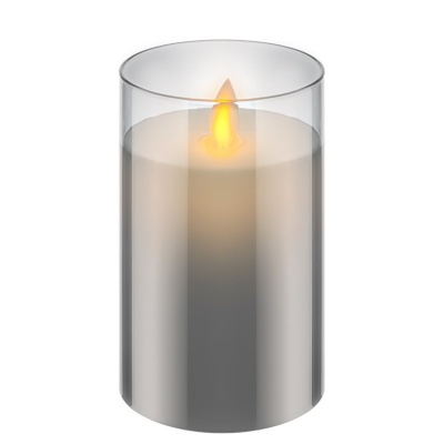 Vela LED branca em suporte de vidro cilíndrico transparente com chama simulada.