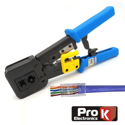 Alicate azul e amarelo para cabos de rede com cabo e conector ao lado