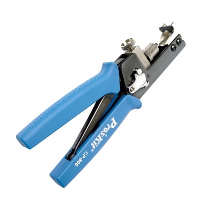 Alicate desforrador de cabos com punhos azuis e corpo metálico preto