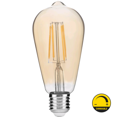Lâmpada LED vintage amarela com base metálica e ícone DIMMABLE