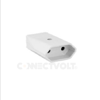 Conector elétrico branco com duas aberturas sobre fundo branco