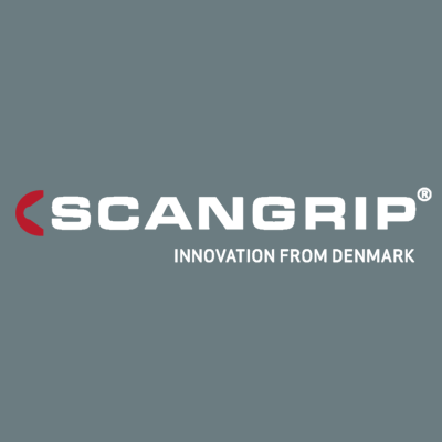 Logótipo SCANGRIP em fundo cinza com texto 'INNOVATION FROM DENMARK'