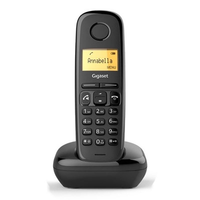 Telefone fixo sem fios preto com base e ecrã amarelo mostrando texto