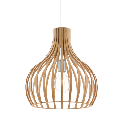 Luminária pendente de madeira com ripas curvadas e lâmpada ao centro