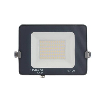 Projetor LED preto com painel branco e texto OSRAM CHIP 50W