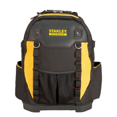 Mochila STANLEY FATMAX preta e amarela com bolsos e alças.