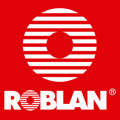 Logótipo da marca ROBLAN em fundo vermelho com texto e círculo riscado branco