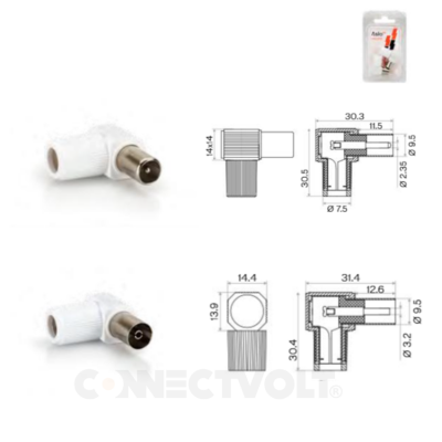 conector coaxial em ângulo reto branco e metal com embalagem