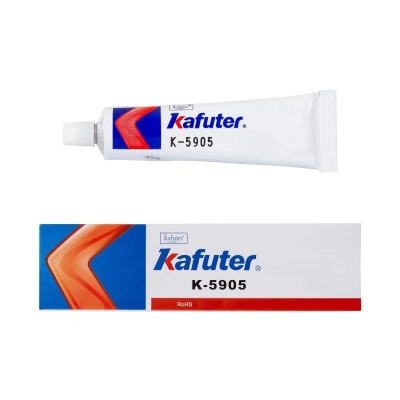 Tubo e caixa do adesivo Kafuter K-5905 branco com elementos gráficos em azul e vermelho