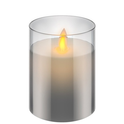 Vela branca decorativa com chama elétrica dentro de suporte de vidro cilíndrico