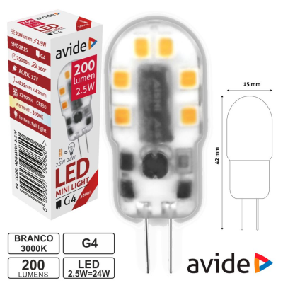 Lâmpada LED mini light Avide branca 3000K 200 lúmens base G4 com embalagem