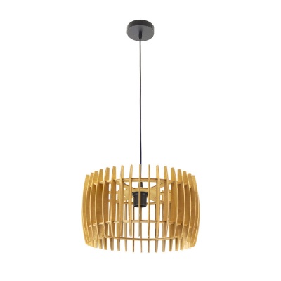 Lustre pendente de ripas de madeira clara em forma de grelha arredondada
