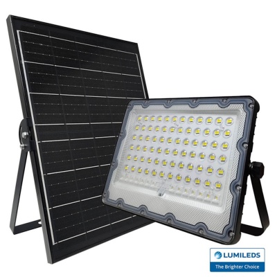 Painel solar preto e luz LED com múltiplos LEDs amarelos em suporte metálico.