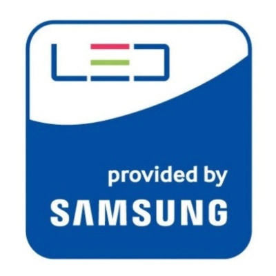 Logótipo LED com texto 'provided by SAMSUNG' em fundo azul e branco
