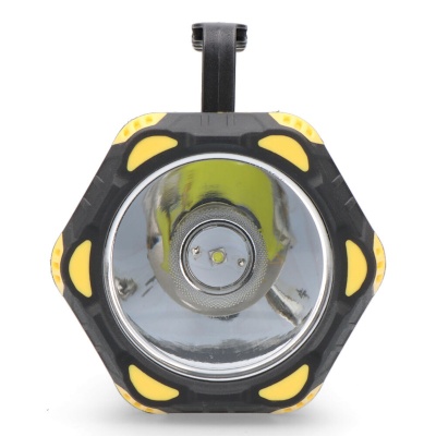 Lanterna preta e amarela com lente refletora circular