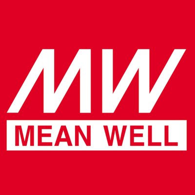 Logótipo 'MW MEAN WELL' em branco sobre fundo vermelho
