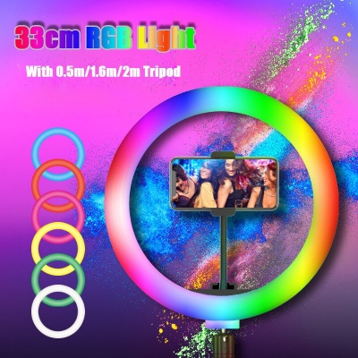Anel de luz RGB 33 cm com tripé e suporte para telemóvel em várias cores