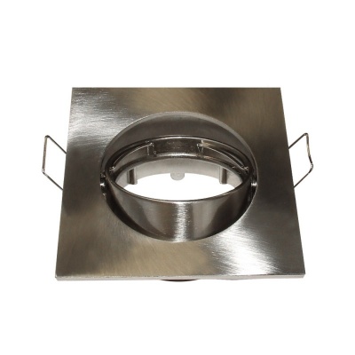 Refletor quadrado em metal inox escovado com suporte circular ajustável.