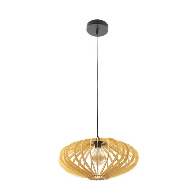 Candeeiro de teto pendente em madeira clara com estrutura espiral e cabo preto