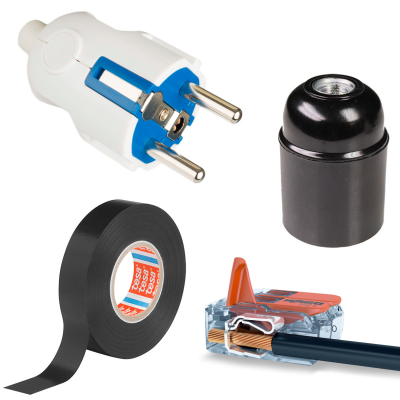 Produtos elétricos: ficha com pinos, fita isoladora, suporte de lâmpada e conector de cabo de rede