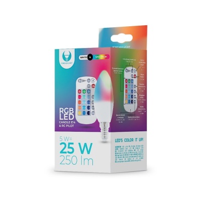 Embalagem de lâmpada LED RGB tipo vela com comando remoto e especificações técnicas