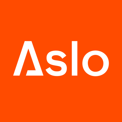 Logótipo 'Aslo' em branco sobre fundo laranja