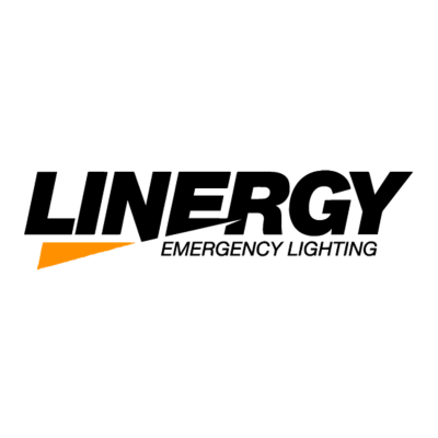 Logótipo LINERGY EMERGENCY LIGHTING com triângulo alaranjado