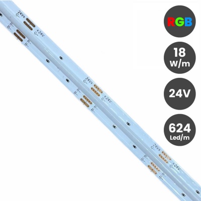 Tiras de LED brancas com contactos e texto, ao lado ícones RGB, 18 w/m, 24V, 624 Led/m