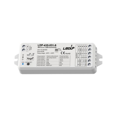 Controlador LED WiFi 5 em 1 branco com etiqueta técnica e terminais de ligação