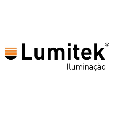 Logótipo Lumitek Iluminação com símbolo laranja e preto em fundo branco
