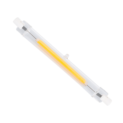 Lâmpada LED tubular de vidro com filamento amarelo e terminais brancos