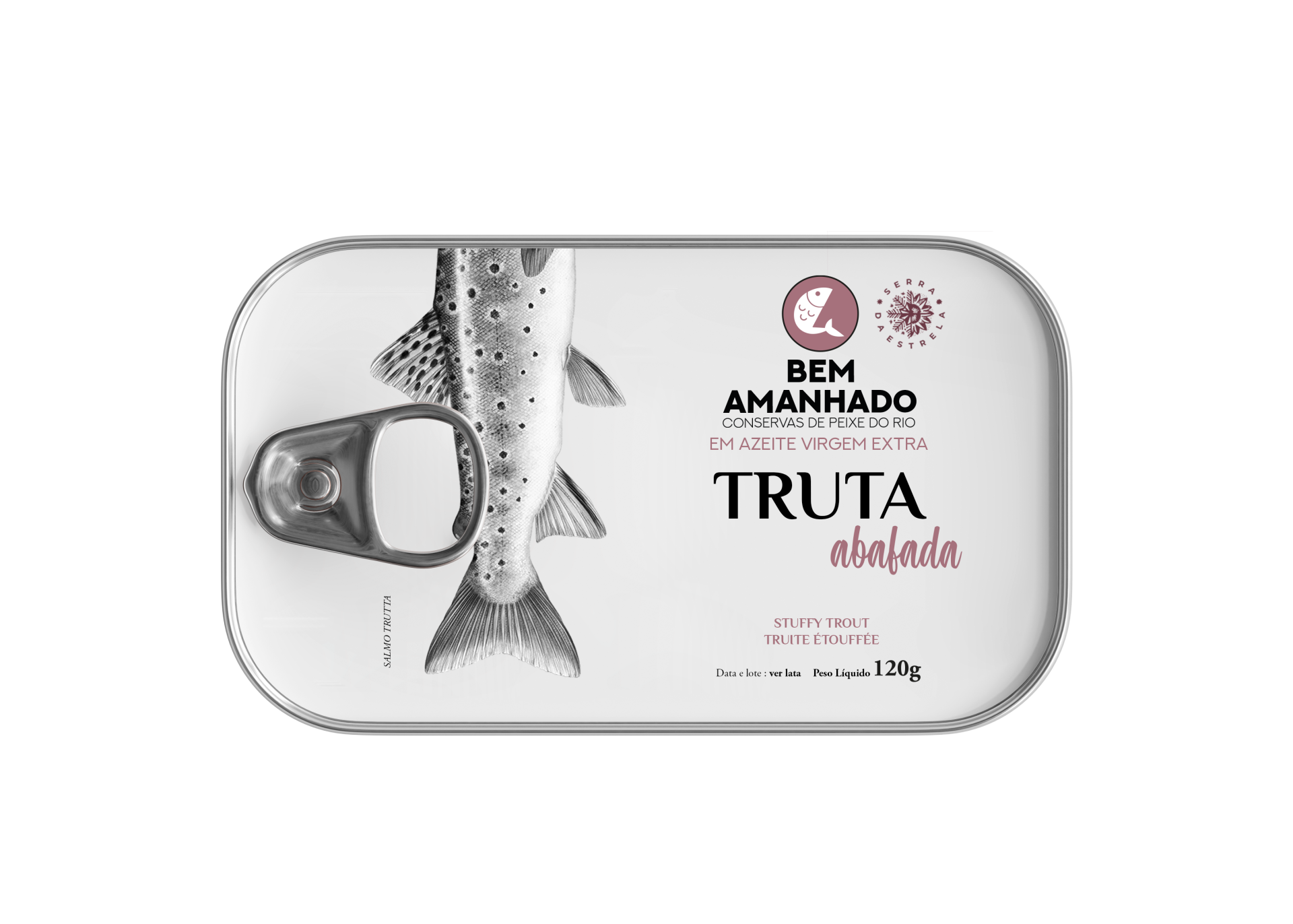 Truta abafada Lata de conserva de truta abafada em azeite virgem extra com imagem de truta e texto
