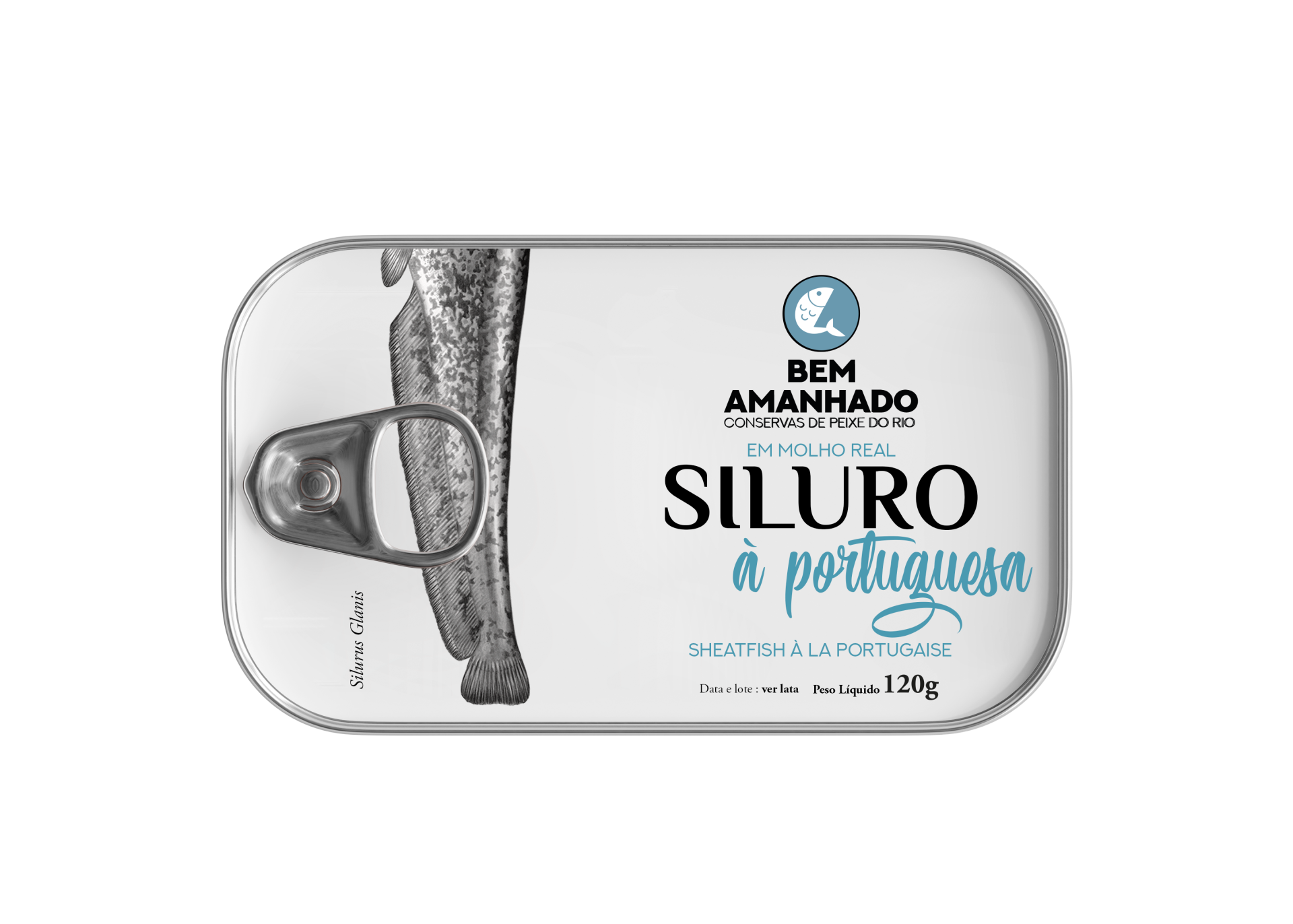 Siluro à Portuguesa Lata de conserva de peixe SILURO à portuguesa com tampa metálica e ilustração de peixe.