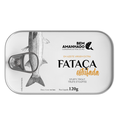 Lata branca de Fataça Estufada Ben Amanhado com ilustração de peixe.