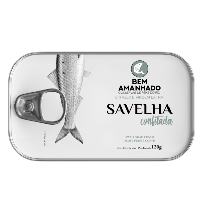 Lata de conserva de peixe savelha confitada em azeite virgem extra