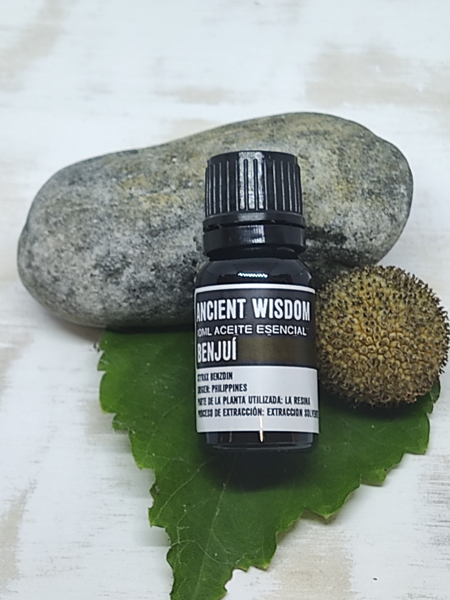 Frasco preto de óleo essencial sobre folha verde com pedra e bola castanha ao fundo