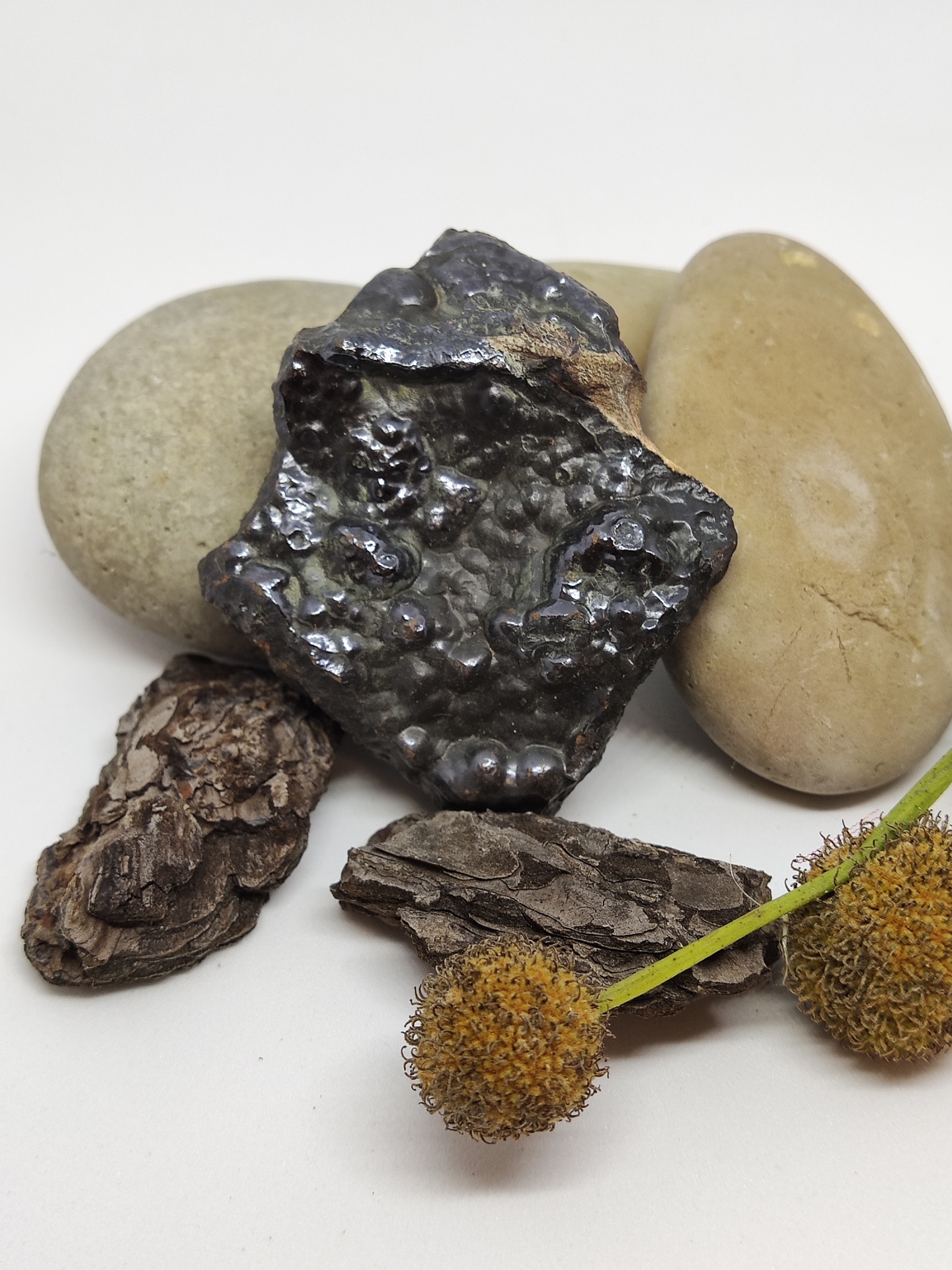 Pedras lisas, peça metálica rugosa, cascas de árvore e flores secas numa superfície branca